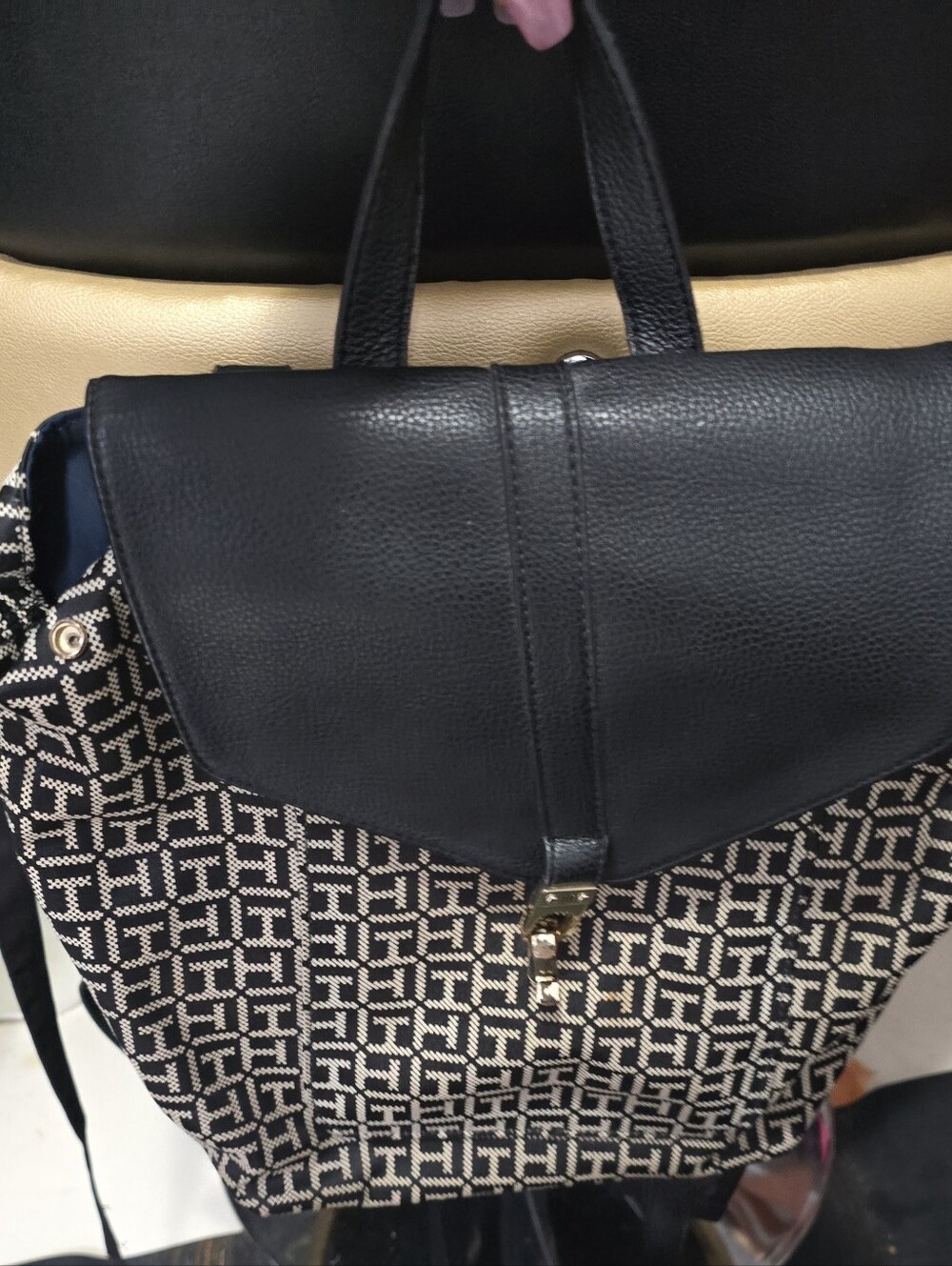 Black and Cream Geometric Canvas Tote with Black Leather Flap